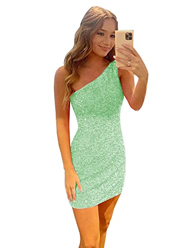 One Shoulder Sequin Homecoming Dresses Teens Sexy Sparkly Tight Bodycon Short Dress Mint US2