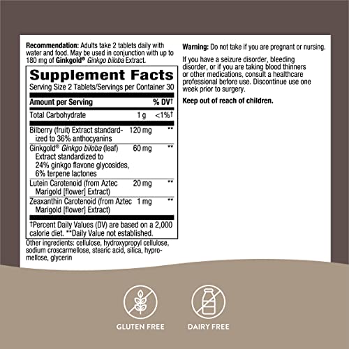 Nature's Way Ginkgold Eyes, Visual Health Formula*, Gluten Free, 60 mg per serving, 60 Vegan Tablets