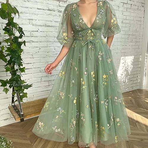 Women's Puffy Long Sleeve Dress Flower Embroidery Tulle, Low Cut, Green Size 14