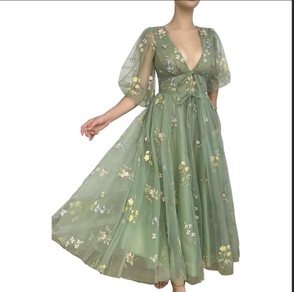 Women's Puffy Long Sleeve Dress Flower Embroidery Tulle, Low Cut, Green Size 14