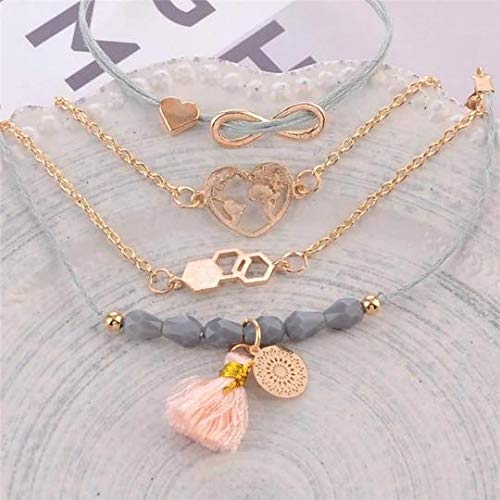 AFONiE Bohemia World Love Beaded Bracelets 14k Gold Plated Heart Link Bracelets Set Adjustable Charm Pendent Stack Bracelets for Women Wedding, Birthday, Party, Friend and Family - 5 Piece