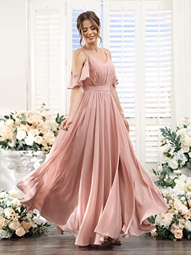 Cold Shoulder Long Chiffon Bridesmaid Dresses with Slit Ruffles A Line Wedding Evening Gowns Aqua US2