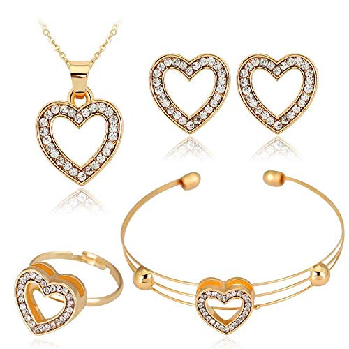 AFONiE Chic Heart 14k Gold With Crystal - 4 Piece Women Jewelry Set