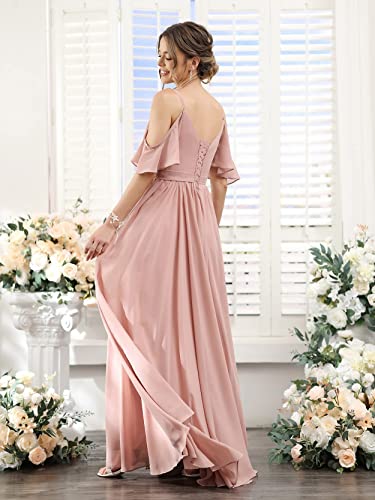 Cold Shoulder Long Chiffon Bridesmaid Dresses with Slit Ruffles A Line Wedding Evening Gowns Aqua US2