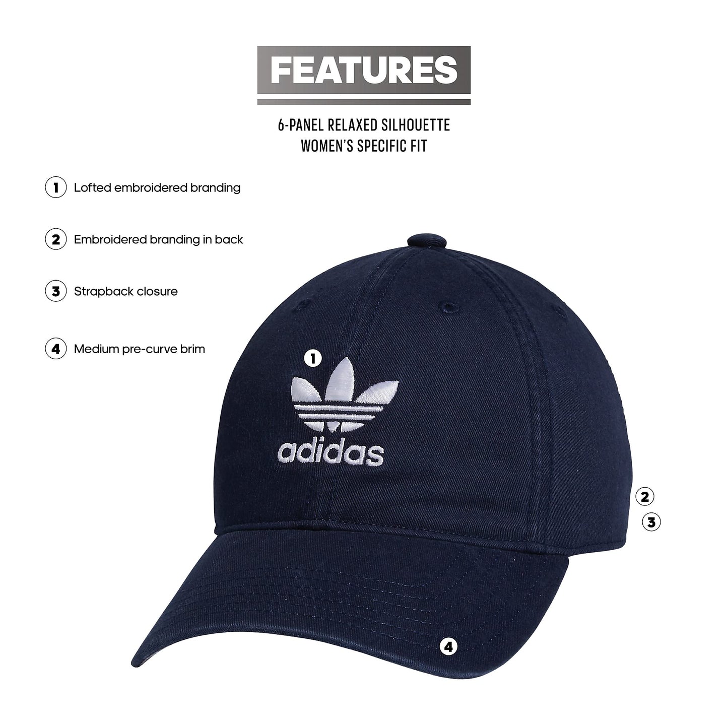 adidas Originals Women's Relaxed Fit Adjustable Strapback Cap, Night Indigo/White, One Size