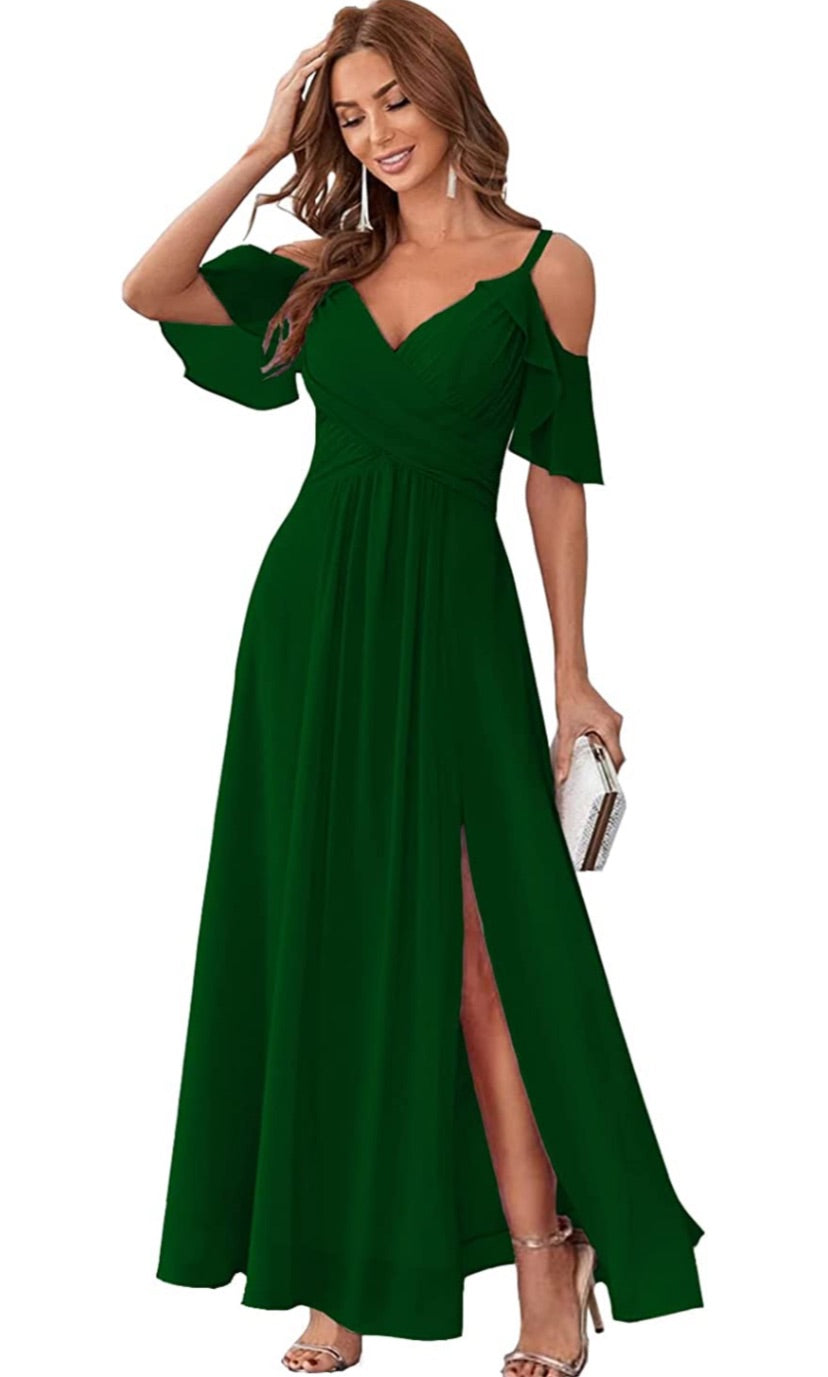 Women's Chiffon Cold Shoulder Bridesmaids Long dress w/ slit