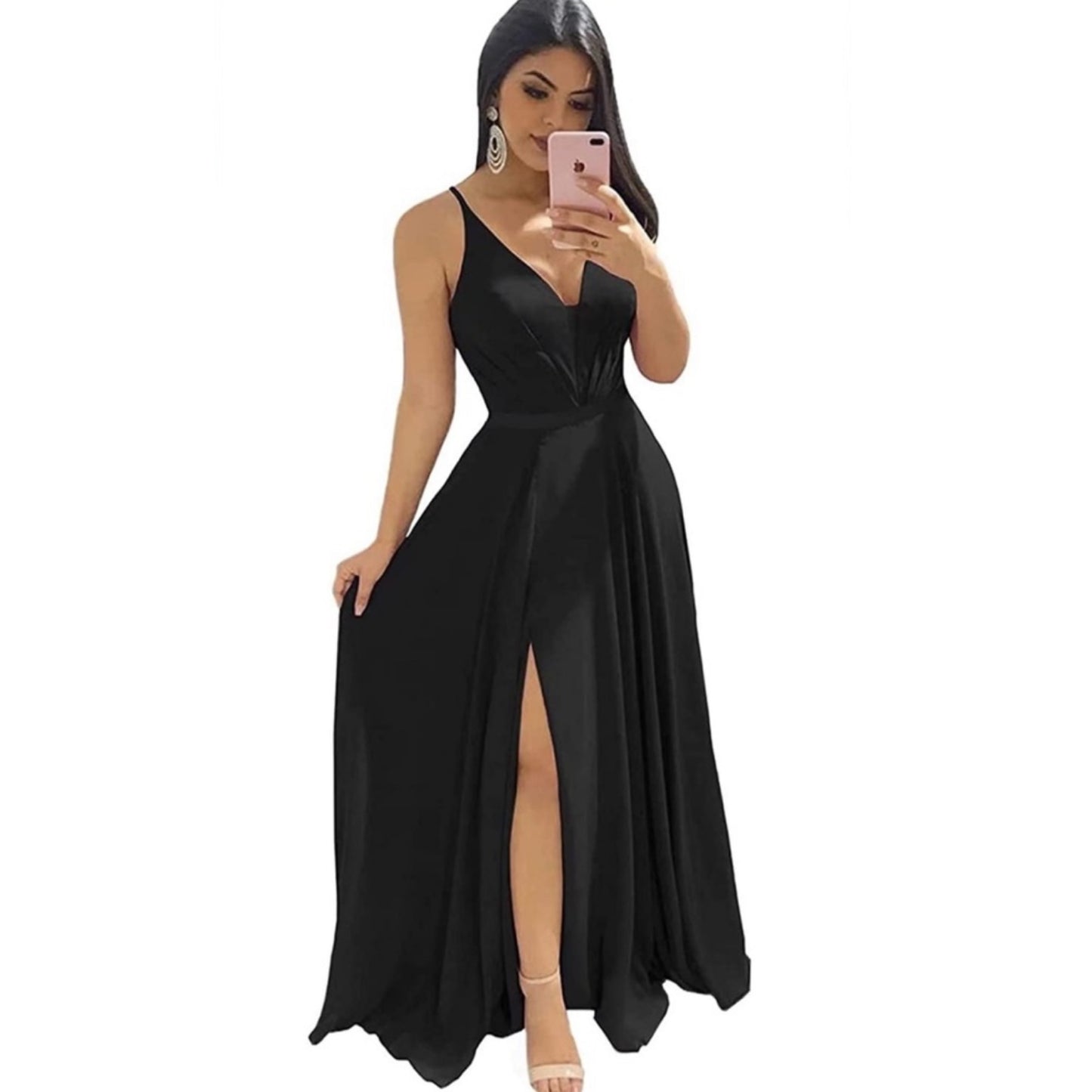 Chiffon Bridesmaid Dresses for Women Long V Neck Formal Dresses with Slit Black