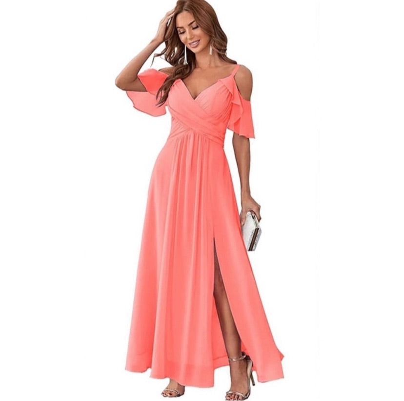 Women's Chiffon Cold Shoulder Bridesmaids Long dress w/ slit