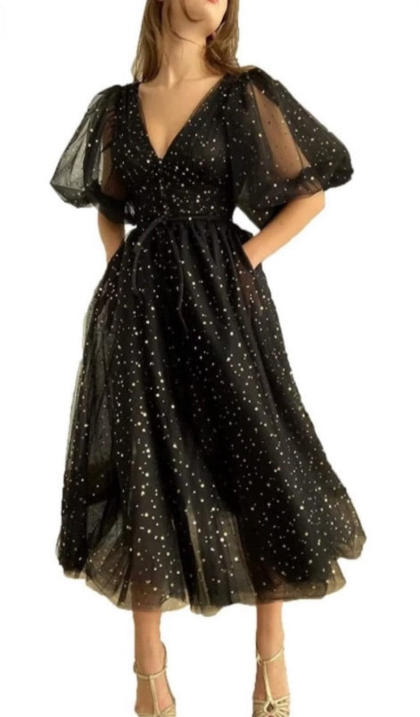 Women's Puffy Sleeve Dresses Sparkle Starry Formal Tulle Evening Gown