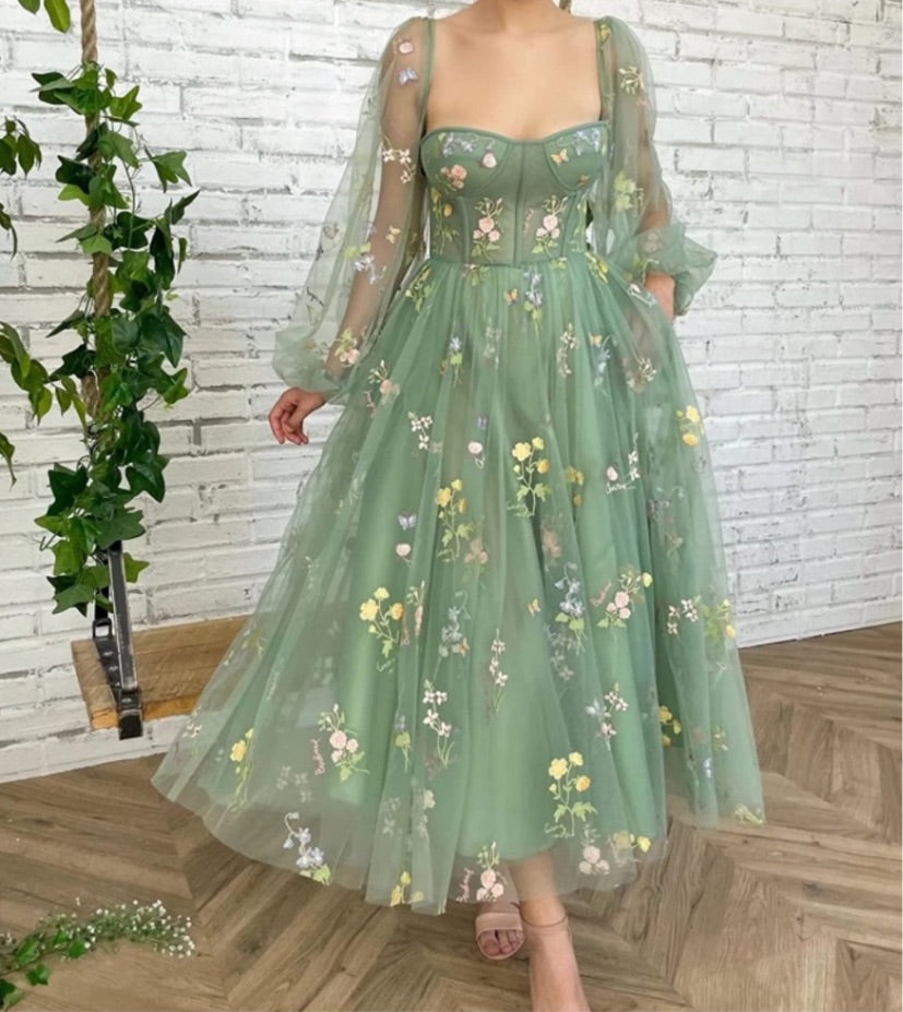 Women's Puffy Long Sleeve Dress Flower Embroidery Tulle, Low Cut