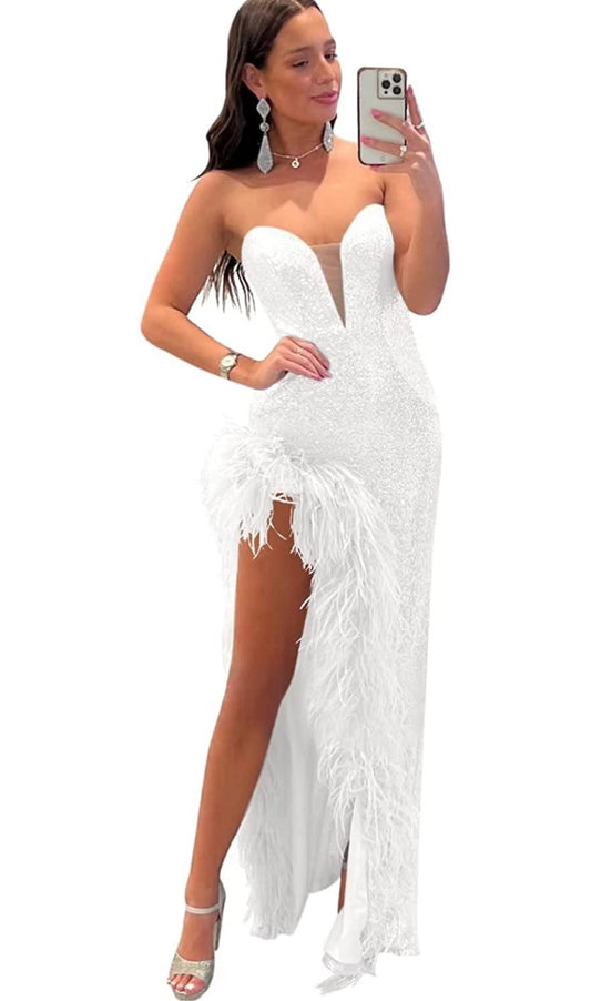 Women’s White v neck, sequin strapless prom dress with feather details.