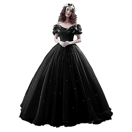 Women’s black off the shoulder tulle ball gown with butterfly sleeve