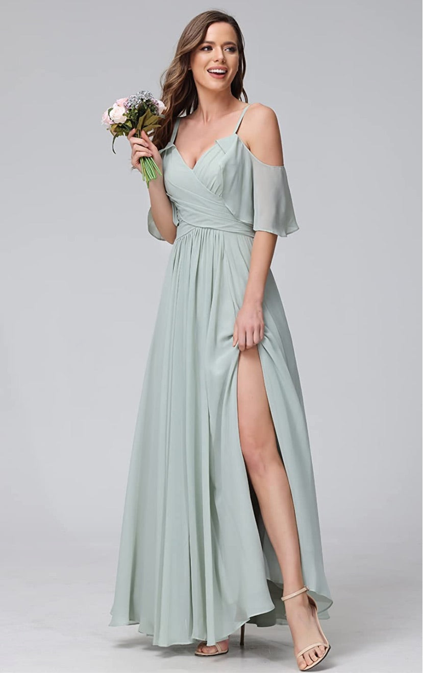 Women's Chiffon Cold Shoulder Bridesmaids Long dress w/ slit