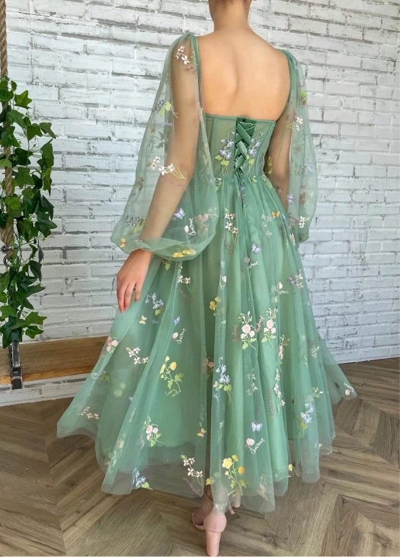 Women's Puffy Long Sleeve Dress Flower Embroidery Tulle, Low Cut
