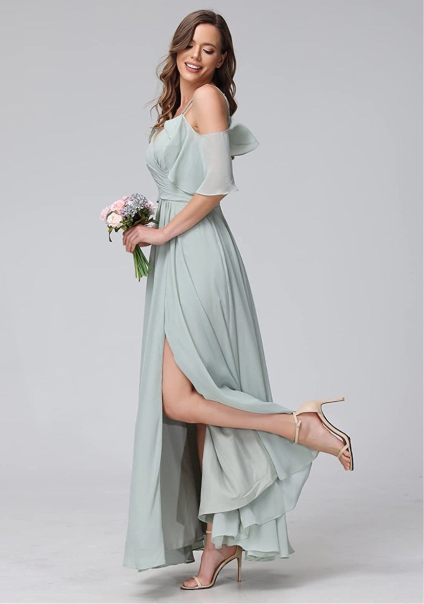 Women's Chiffon Cold Shoulder Bridesmaids Long dress w/ slit