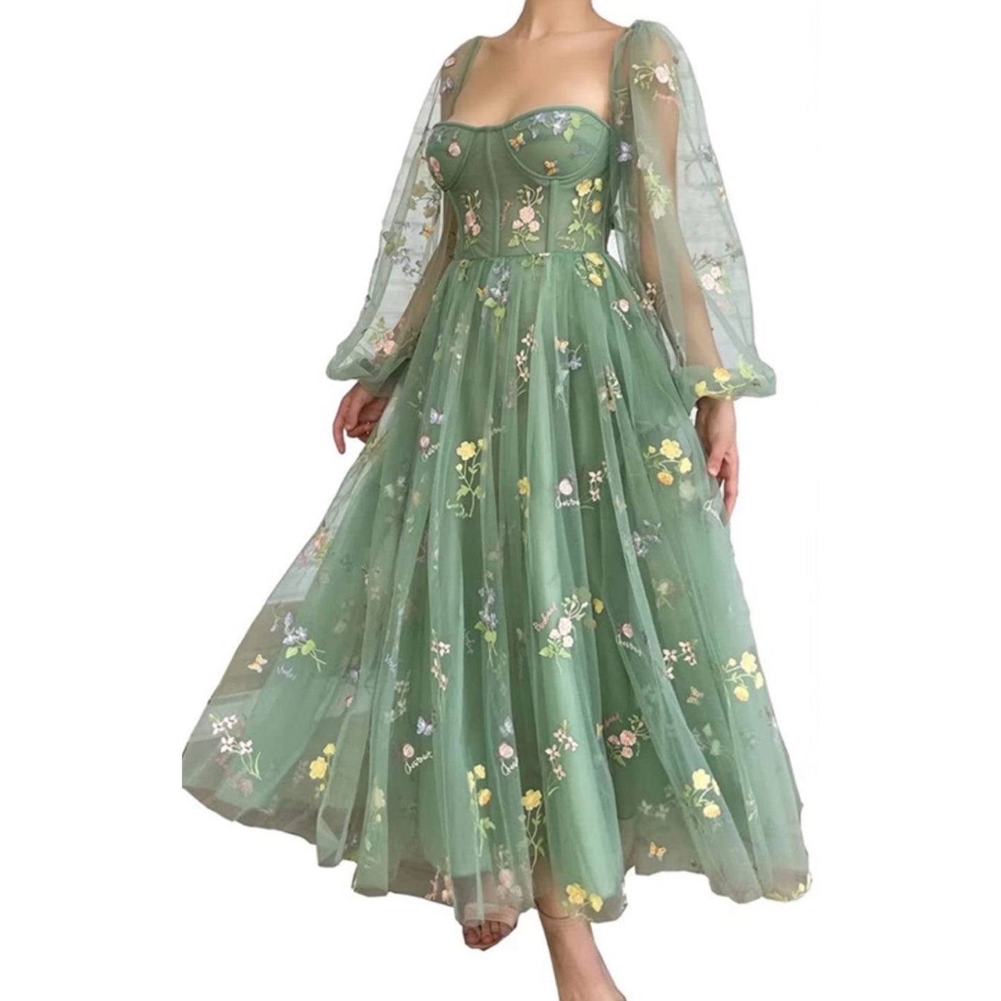 Women's Puffy Long Sleeve Dress Flower Embroidery Tulle, Low Cut