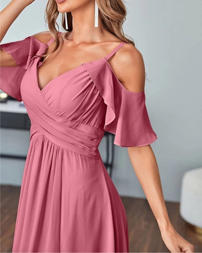 Women’s ruffle sleeve chiffon bridesmaid dress with slit and pockets