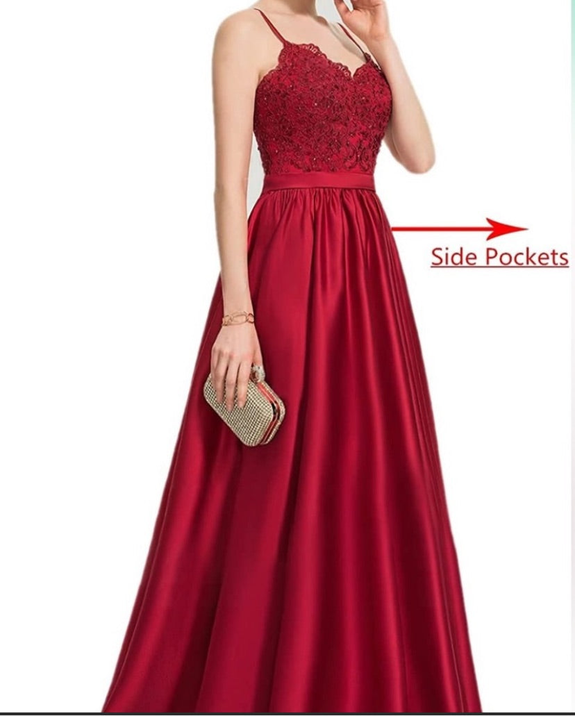 Women's Lace Dresses Long Satin Slit with Pockets