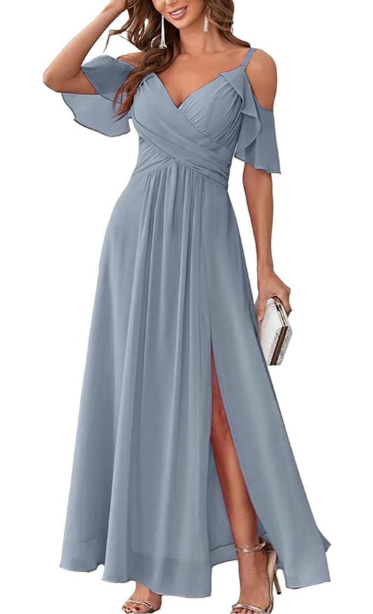 Women’s ruffle sleeve chiffon bridesmaid dress with slit and pockets