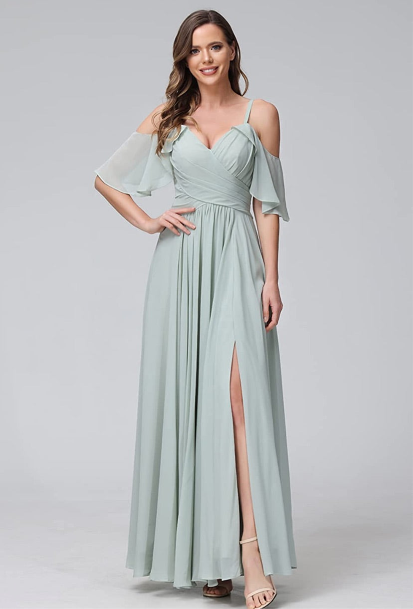 Women's Chiffon Cold Shoulder Bridesmaids Long dress w/ slit