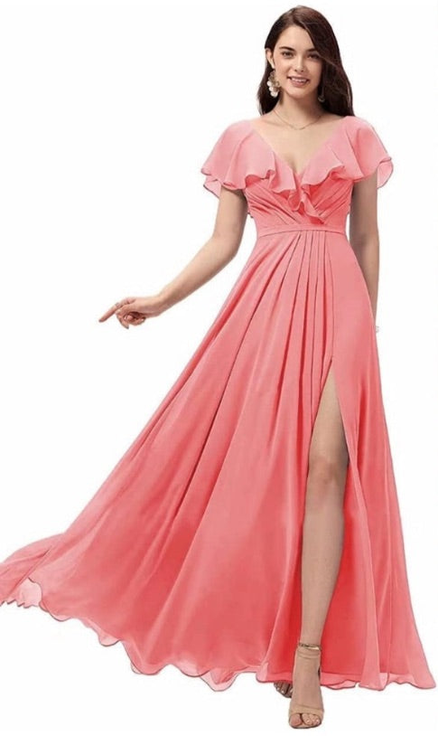 Women's Ruffle Sleeves Bridesmaid Dresses Long Chiffon V-Neck