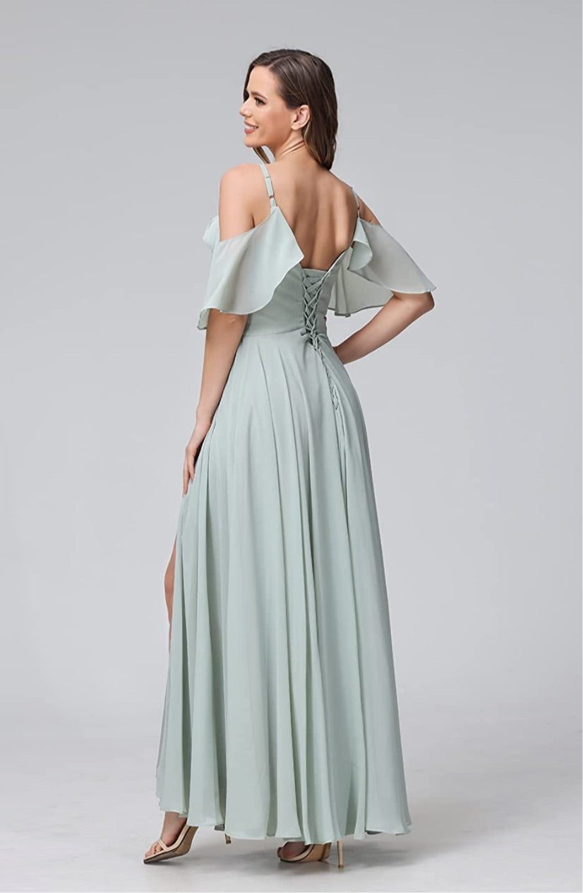 Women's Chiffon Cold Shoulder Bridesmaids Long dress w/ slit