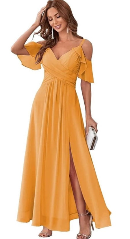 Women's Chiffon Cold Shoulder Bridesmaids Long dress w/ slit