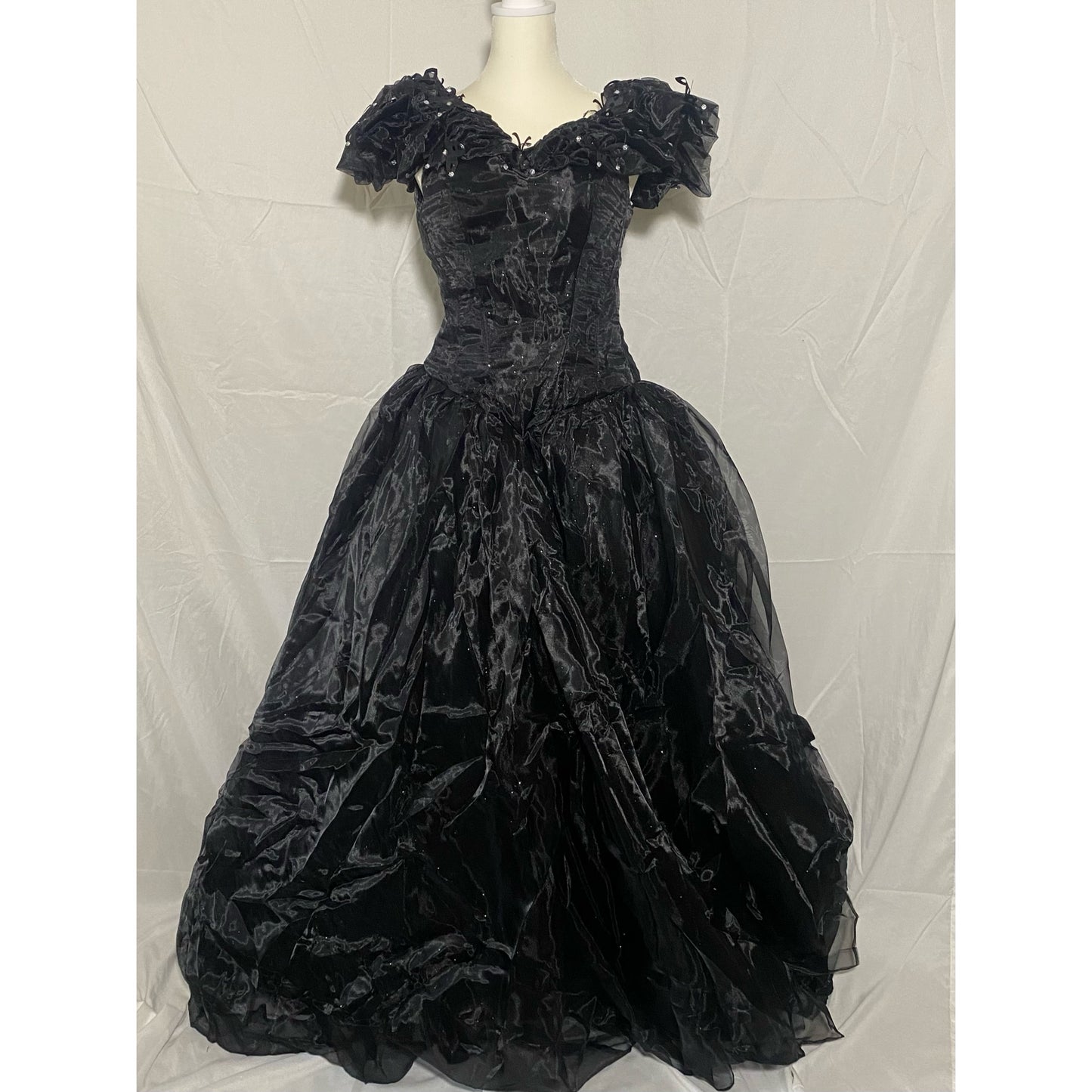 Women’s black off the shoulder tulle ball gown with butterfly sleeve