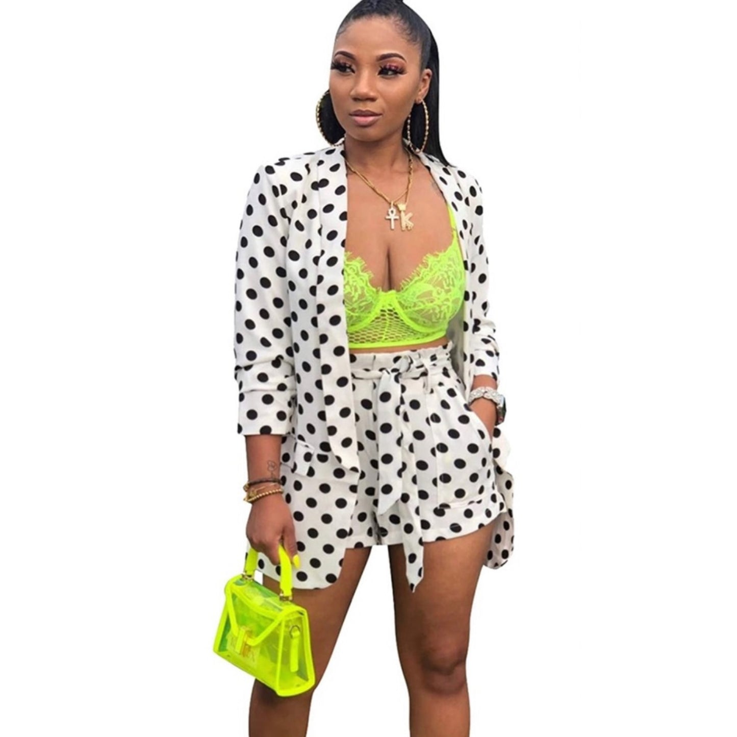 Womens Sexy 2 Pieces Outfit Polkadot  Blazer Jacket Shorts