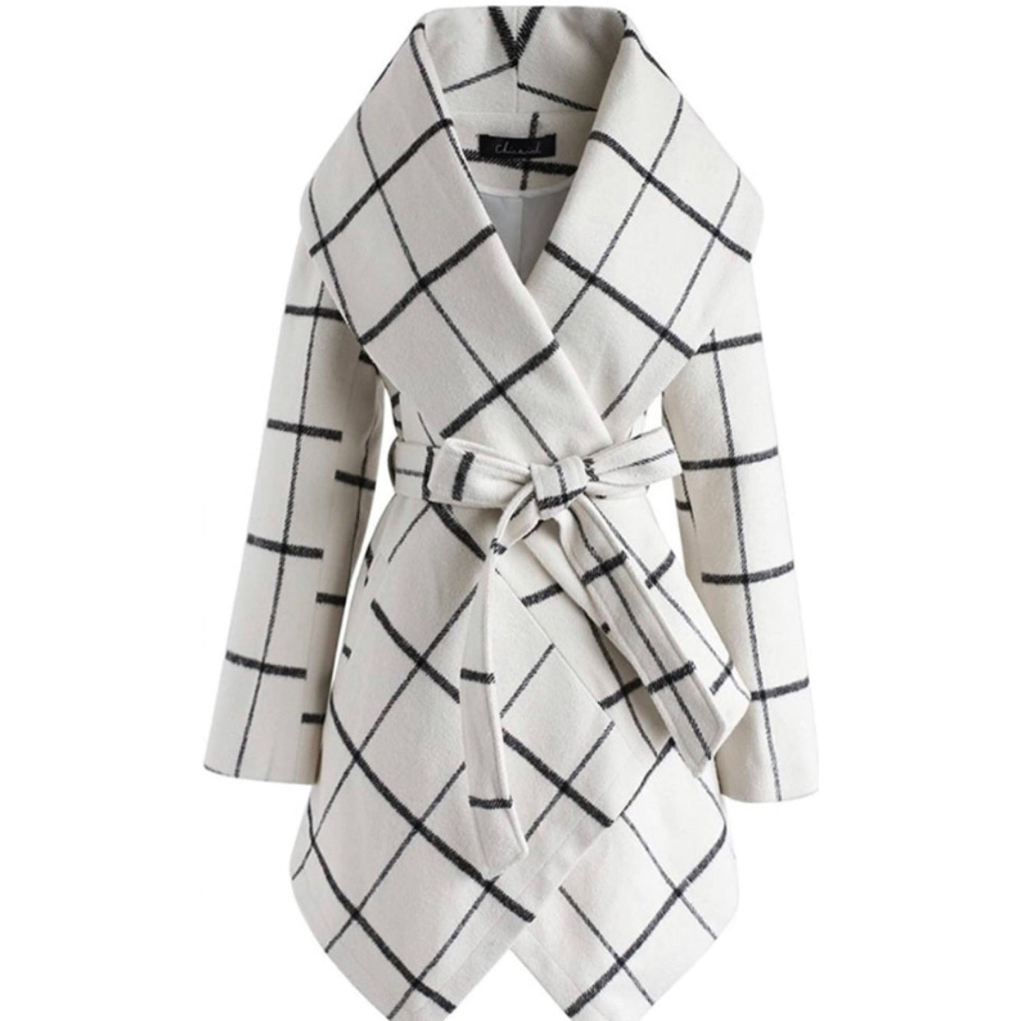 Trench Coat Women Turn Down Collar Wrap Coat Wool Blend Grid Belted