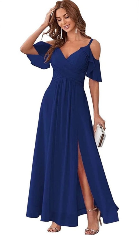 Women's Chiffon Cold Shoulder Bridesmaids Long dress w/ slit