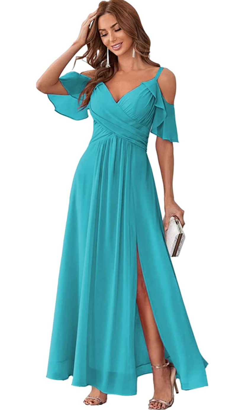 Women's Chiffon Cold Shoulder Bridesmaids Long dress w/ slit