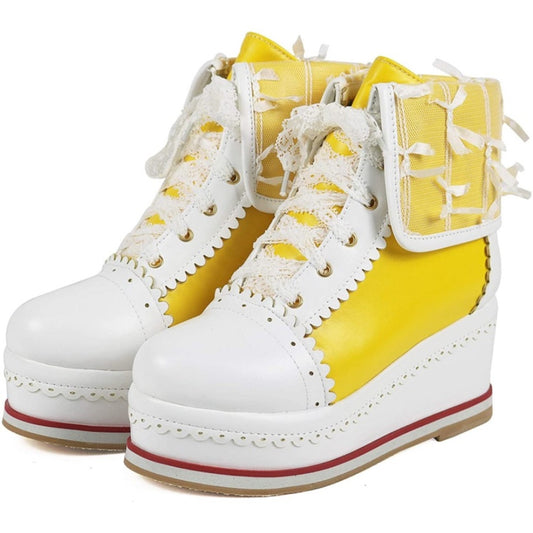 Women's Yellow Cute Platform Boots, Lace-up Cosplay Wedges Ankle Boots size 7.5