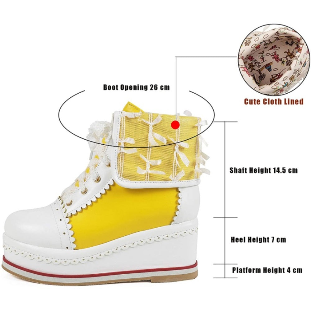 Women's Yellow Cute Platform Boots, Lace-up Cosplay Wedges Ankle Boots size 7.5