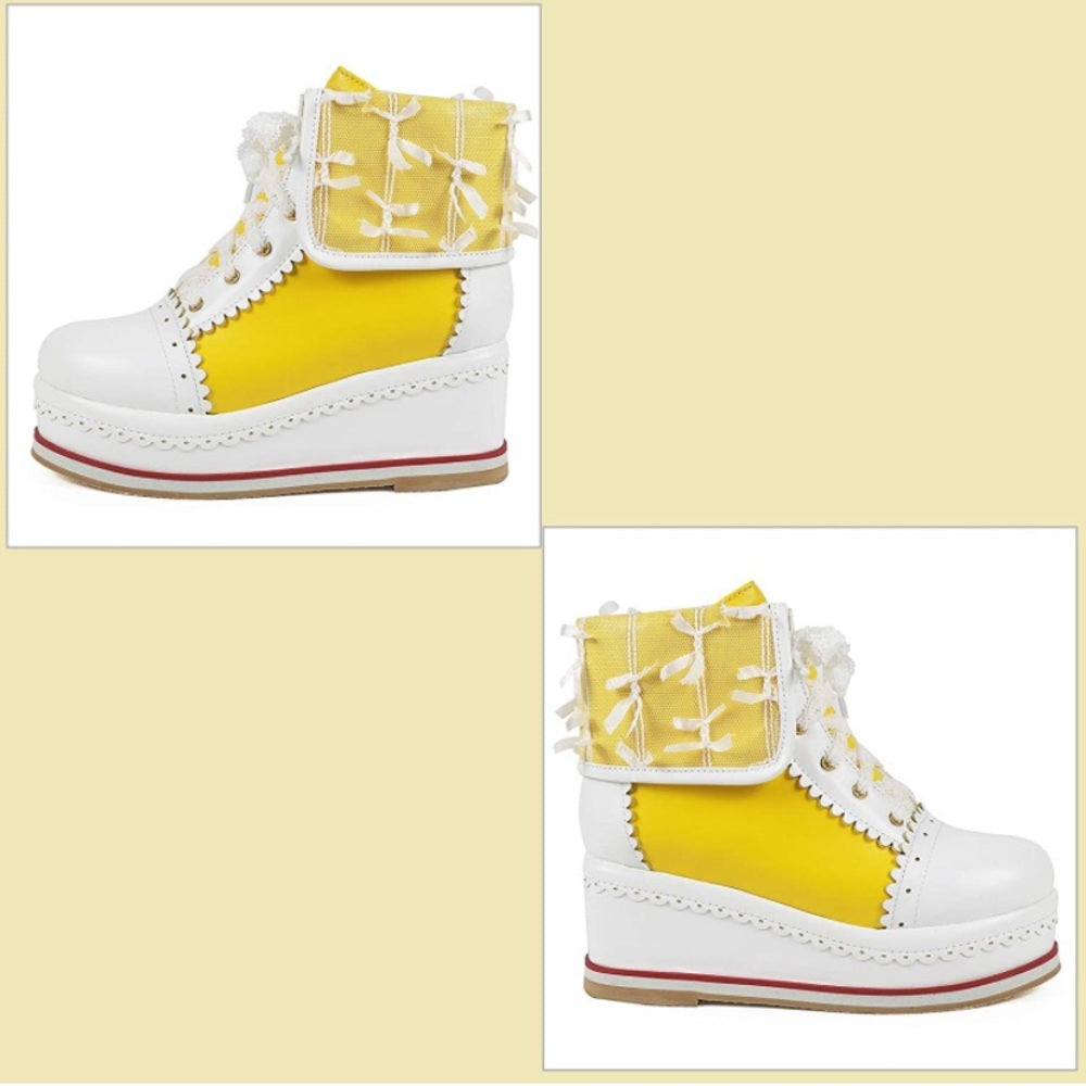 Women's Yellow Cute Platform Boots, Lace-up Cosplay Wedges Ankle Boots size 7.5