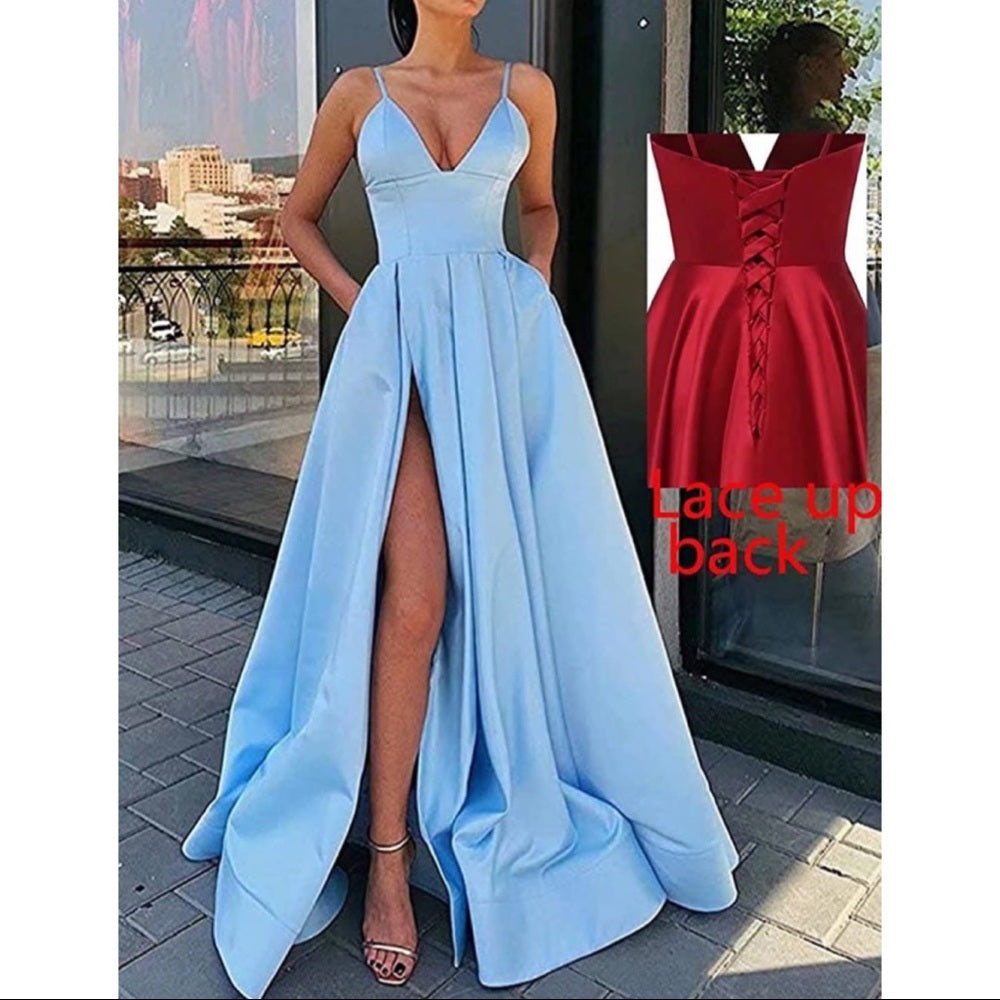 Womens Navy Sexy Plunging V Neck Prom Dress with Pocket