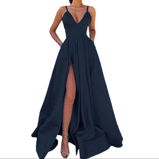 Womens Navy Sexy Plunging V Neck Prom Dress with Pocket