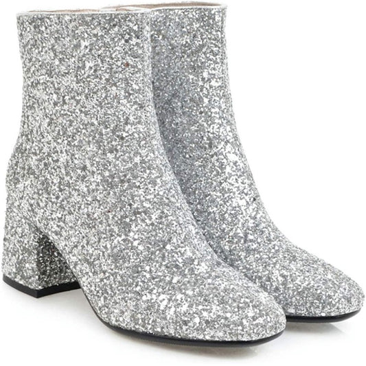 Women's Sequin Glitter Ankle Boots Chunky Heels