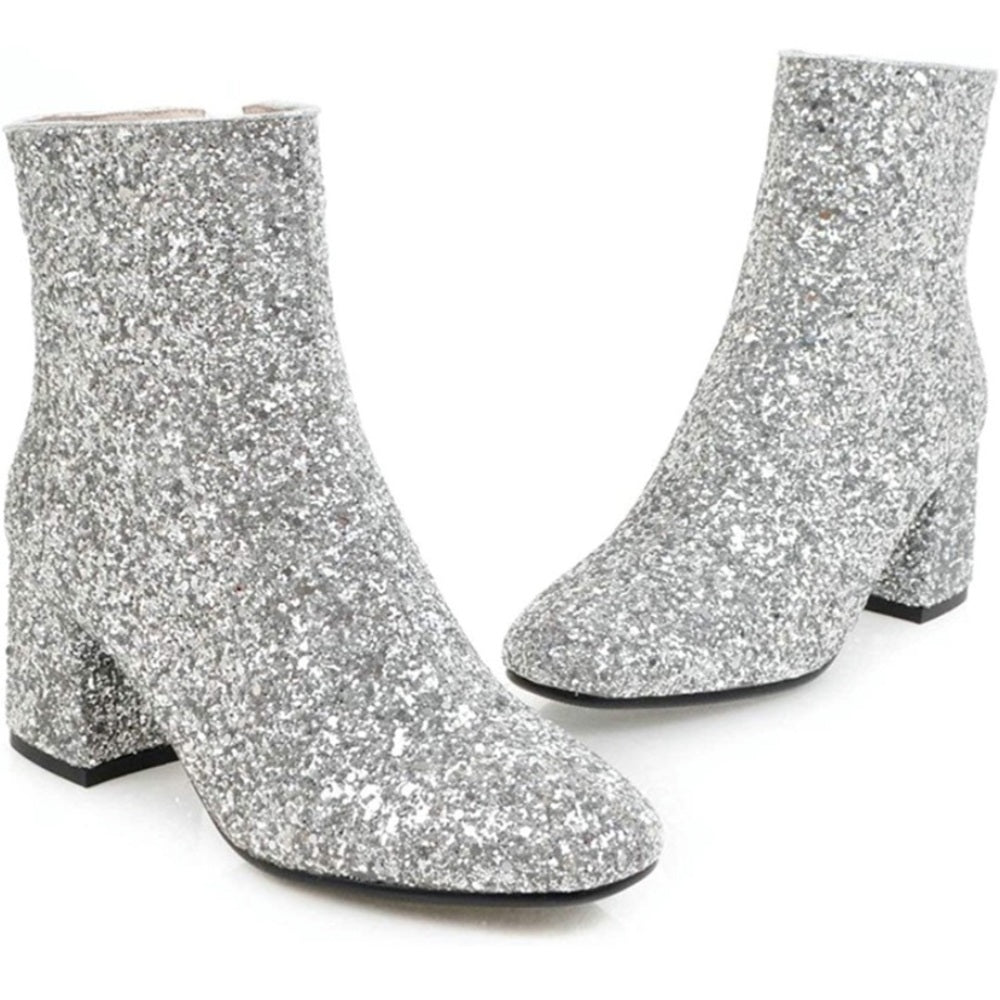Women's Sequin Glitter Ankle Boots Chunky Heels