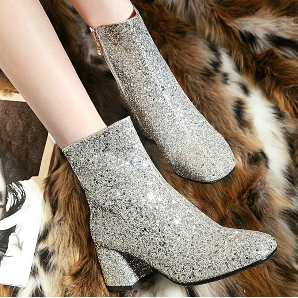 Women's Sequin Glitter Ankle Boots Chunky Heels