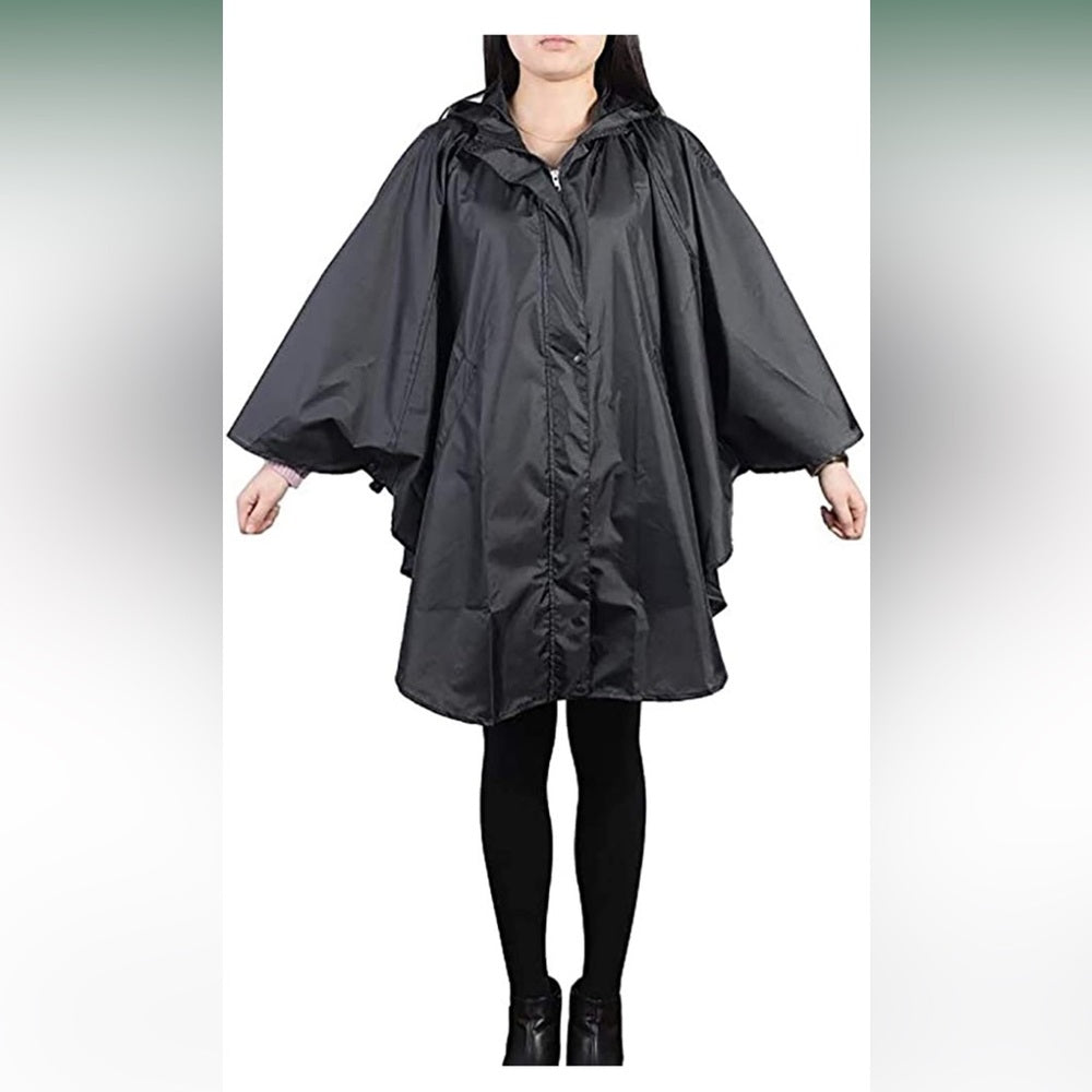 Women's black ONE SIZE Waterproof Packable BatwingSleeved Raincoat WITH POCKETS