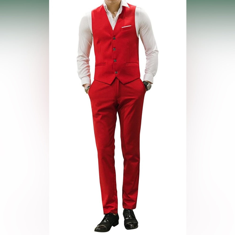 Mens RED Slim Fit 3 Piece Suit Blazer Jacket Pants and Vest Set