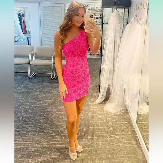 PINK one Shoulder Homecoming Dresses Tight Sparkly Sequin Short Bodycon Mini