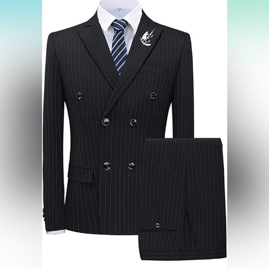 Mens Suits 2 Piece Pinstripe Suit Double Breasted Blazer and Pant